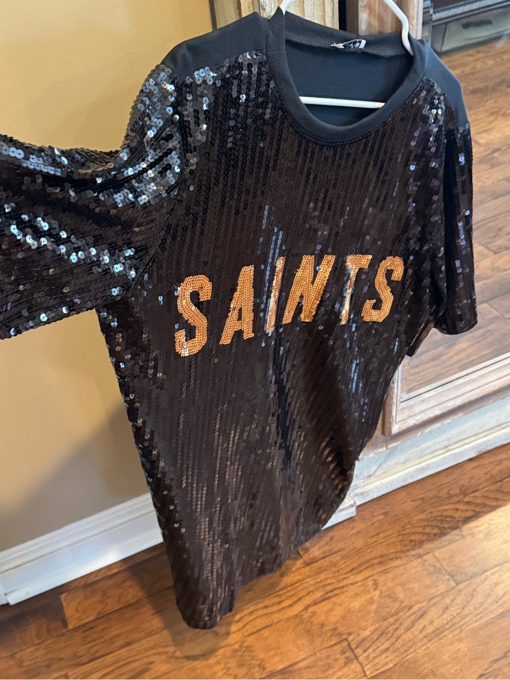 Black Sequin Mini Dress with Gold 'SAINTS' Lettering